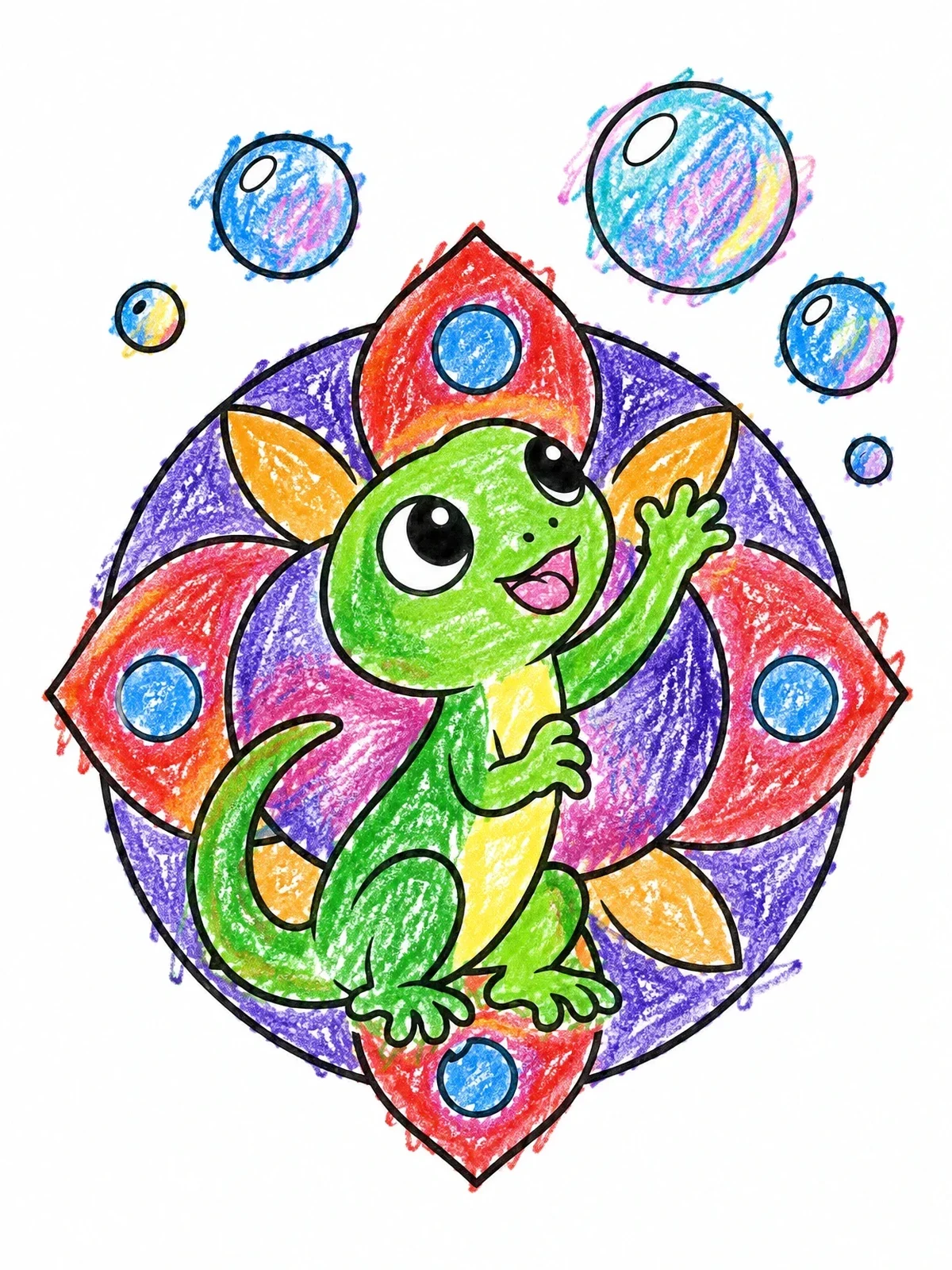 Colored example of the Cute Lizard Catching Bubbles coloring page