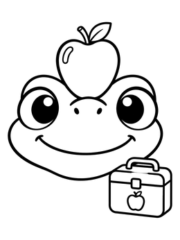 A happy lizard coloring page with an apple on its head and a lunchbox.