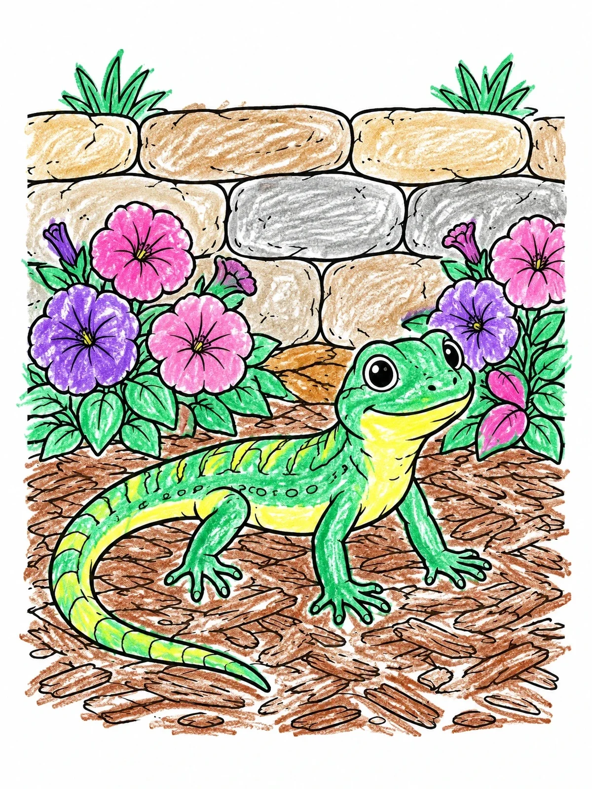 Colored example of the Cute Lizard In The Garden coloring page