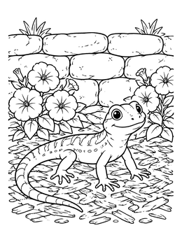 A friendly lizard resting on mulch in front of a stone wall on this lizard coloring page.