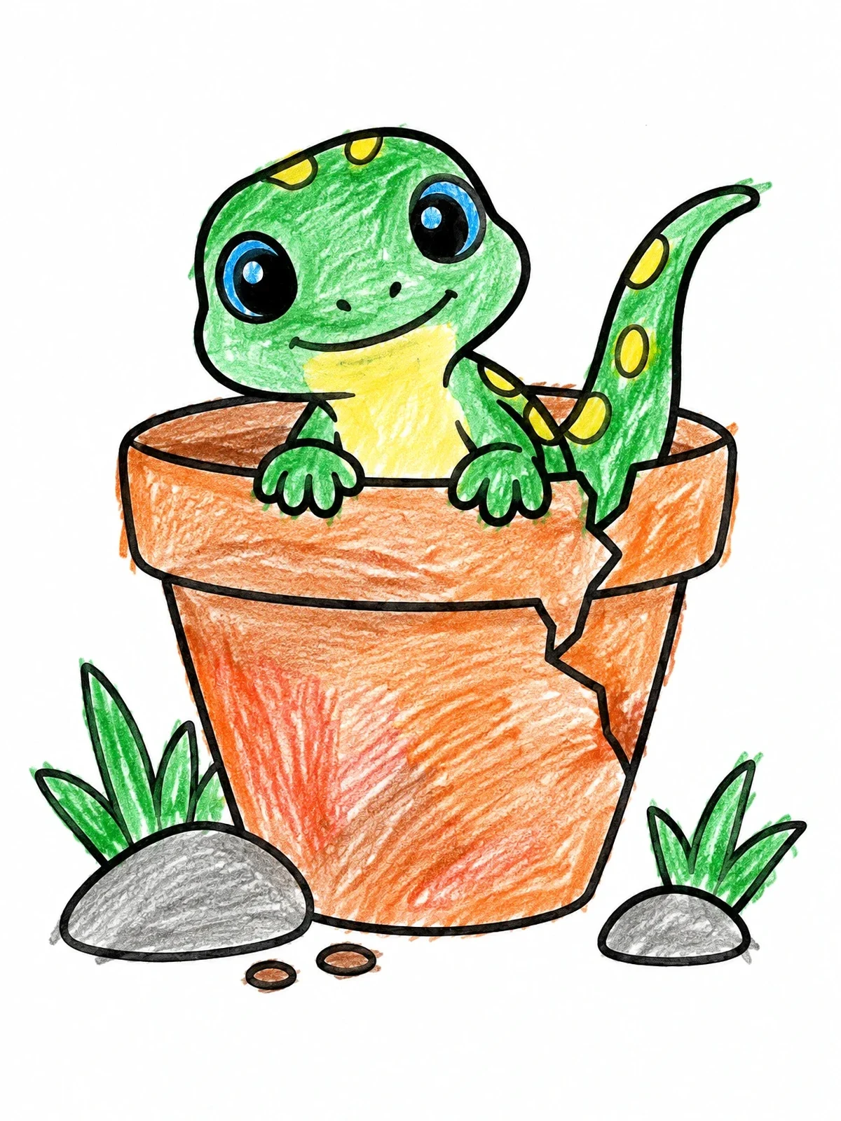 Colored example of the Cute Lizard In Cracked Flowerpot coloring page