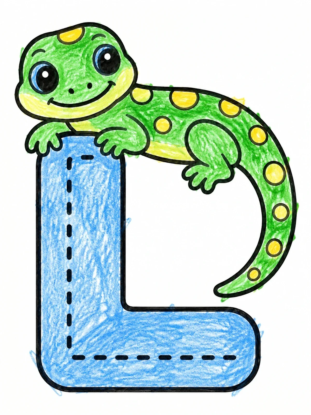 Colored example of the Cute Lizard On Letter L coloring page