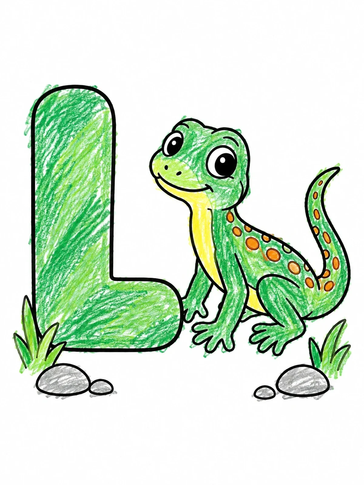 Colored example of the Cute Lizard With Letter L coloring page