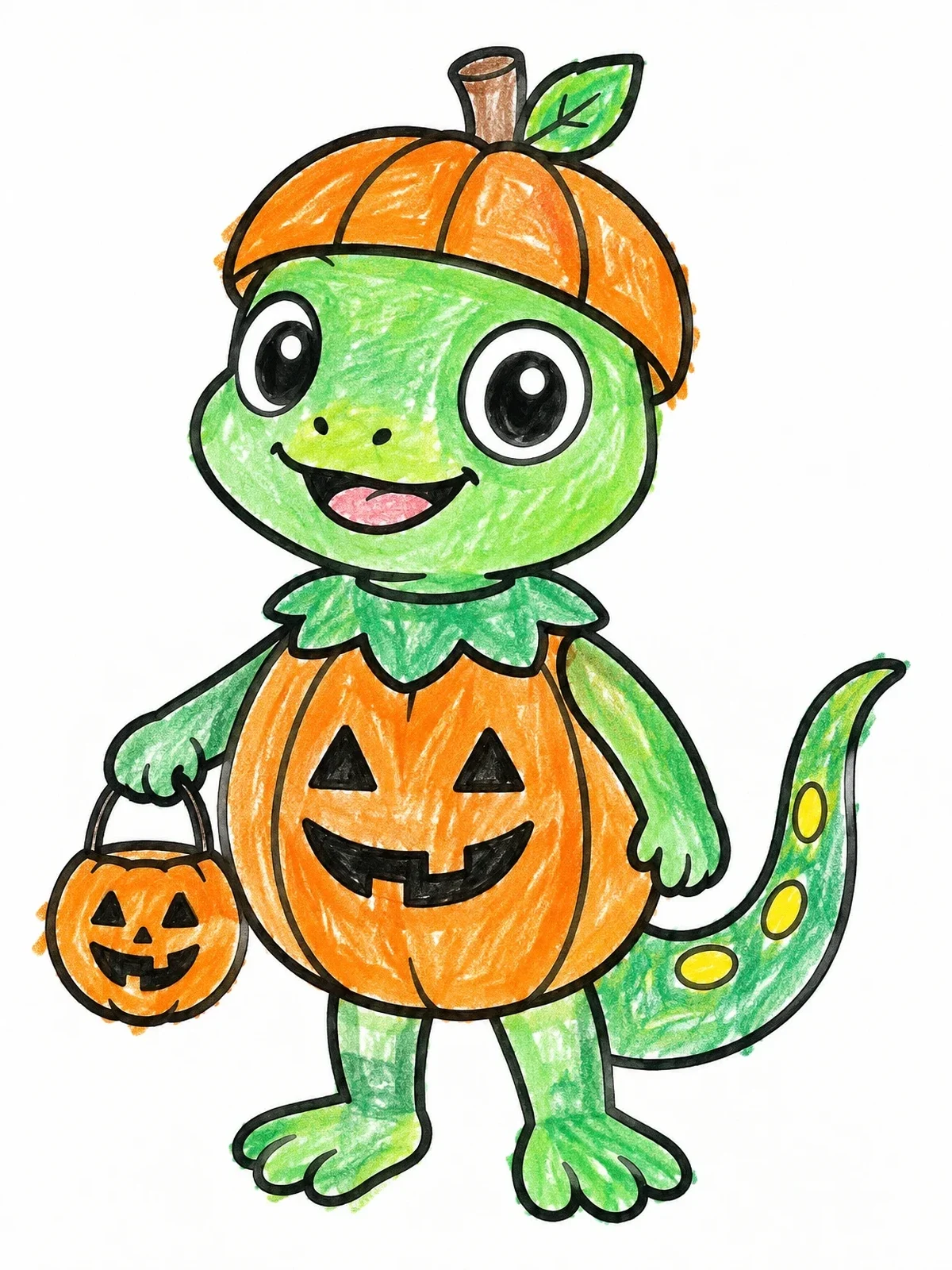 Colored example of the Cute Lizard In Pumpkin Costume coloring page
