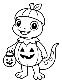 A cute lizard coloring page featuring a reptile dressed up in a pumpkin Halloween costume.