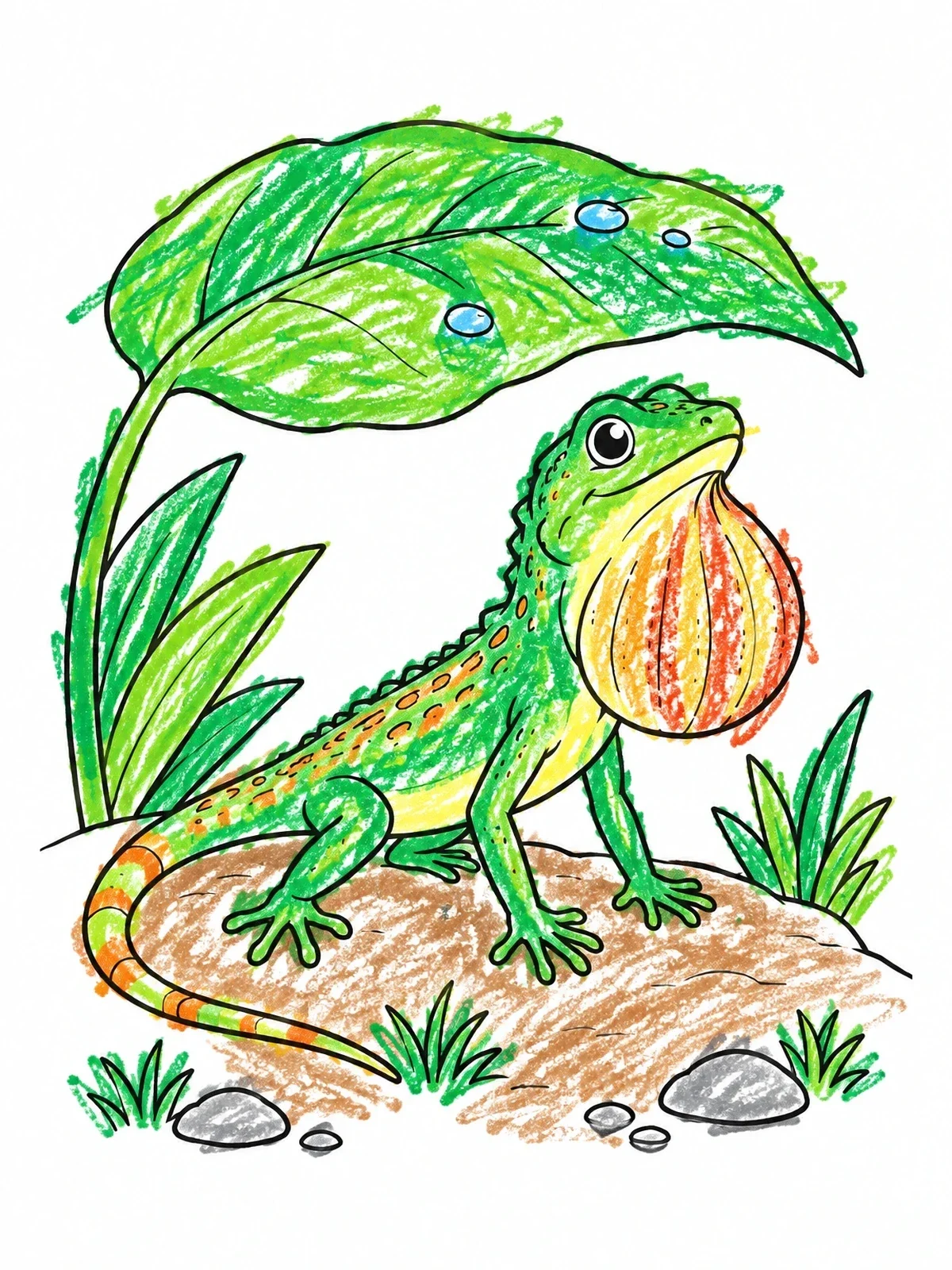 Colored example of the Cute Lizard Under Garden Leaf coloring page