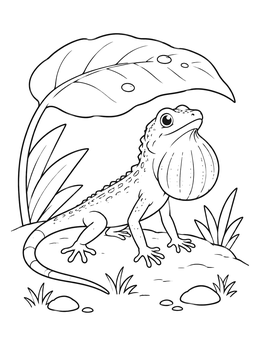 A sweet lizard coloring page showing a reptile puffing its throat pouch under a big leaf.