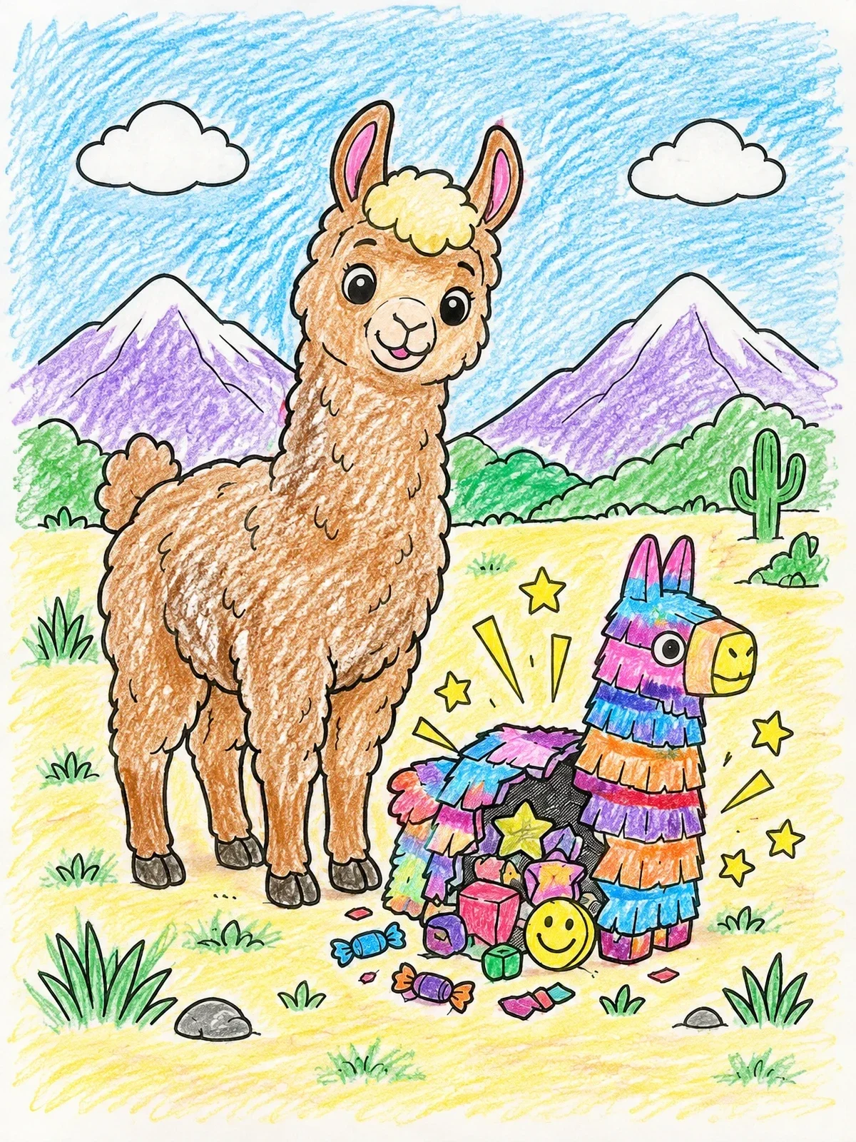 Colored example of the Cute Llama And Party Pinata coloring page