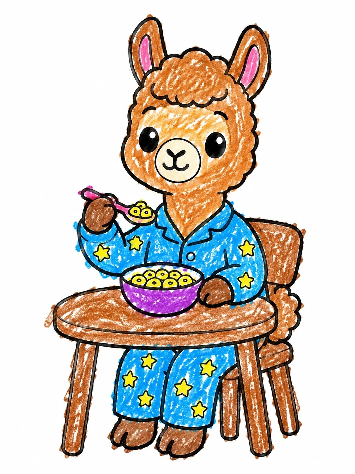 Colored example of the Cute Llama Eating Bedtime Cereal coloring page