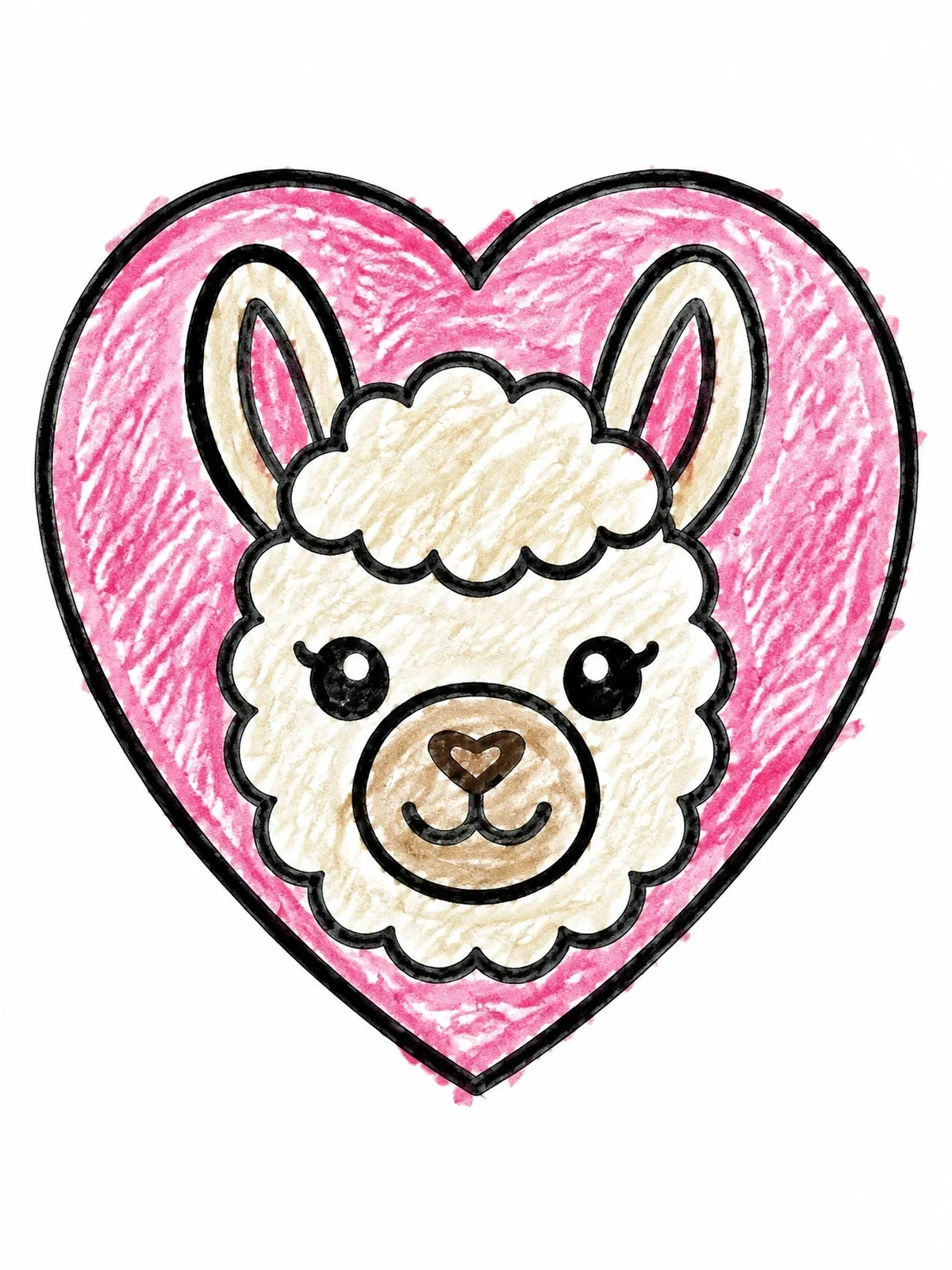 Colored example of the Cute Llama Face In Heart coloring page