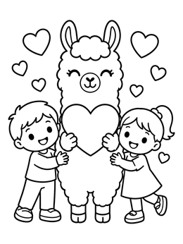 Free printable Cute Llama And Kids With Valentine Hearts coloring page