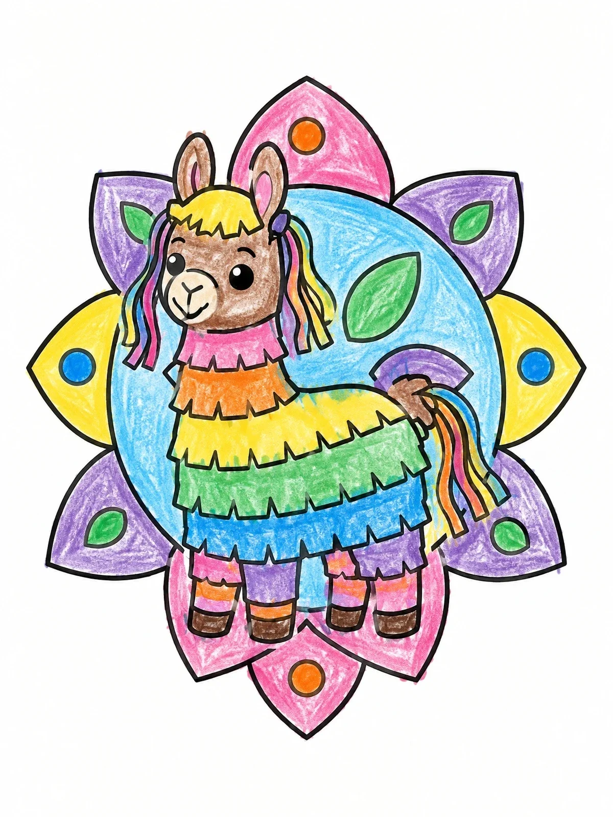 Colored example of the Cute Llama Piñata With Floral Backdrop coloring page