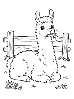 Free printable Cute Llama Resting By Fence coloring page