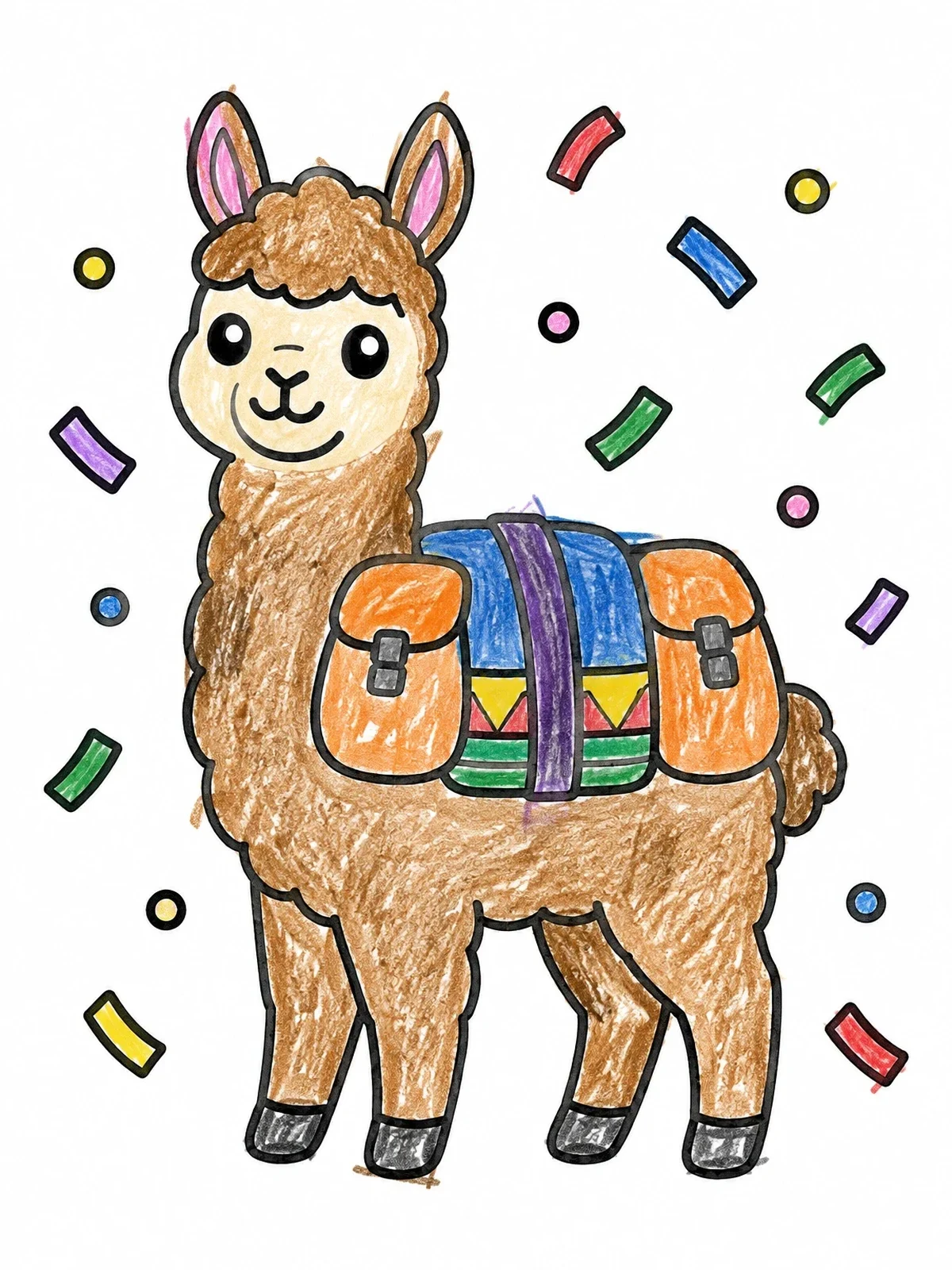 Colored example of the Cute Llama With Travel Packs coloring page