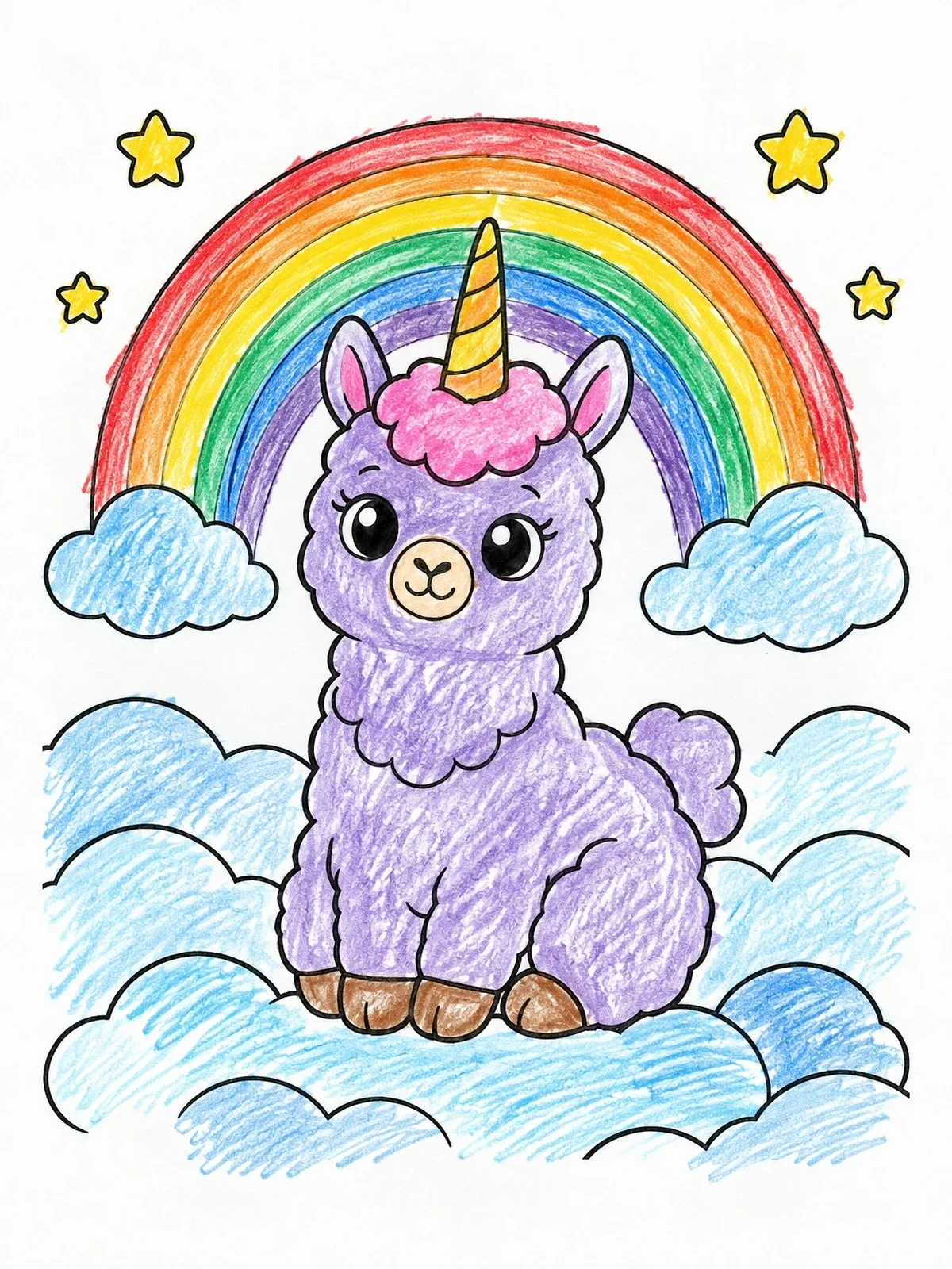 Colored example of the Cute Llamacorn And Rainbow coloring page