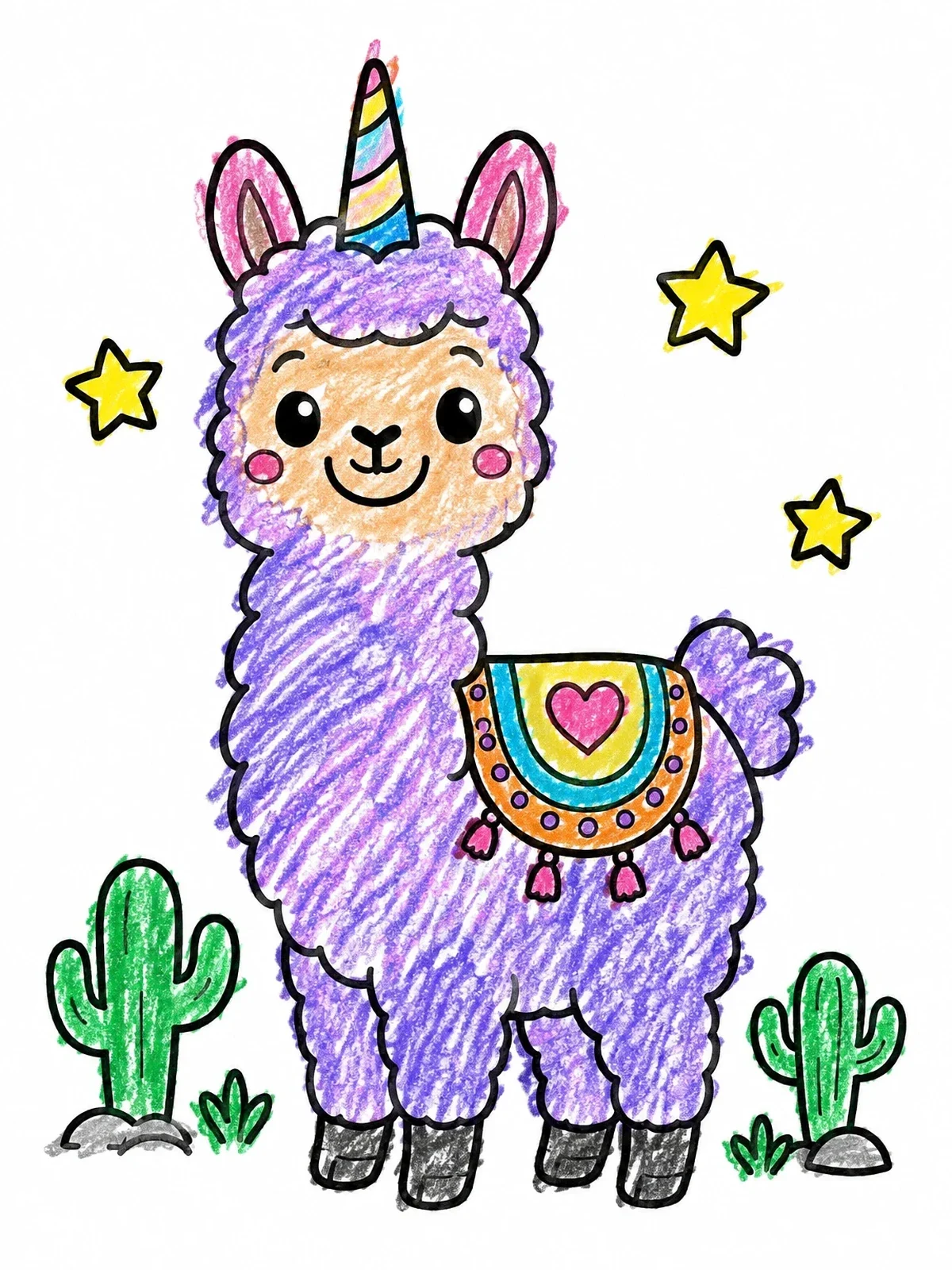 Colored example of the Cute Llamacorn With Desert Cacti coloring page