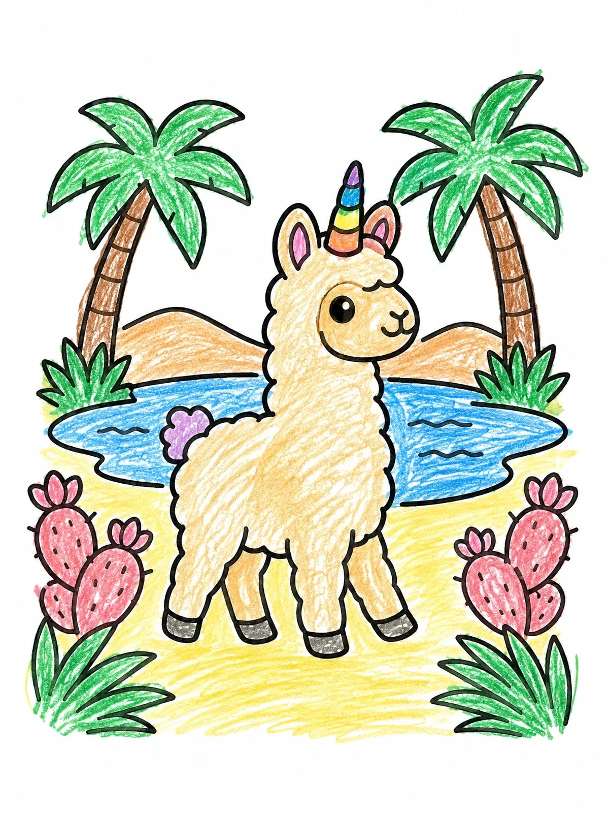 Colored example of the Cute Llamacorn In Desert Oasis coloring page