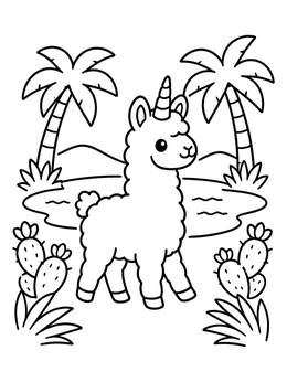 Free printable Cute Llamacorn In Desert Oasis coloring page