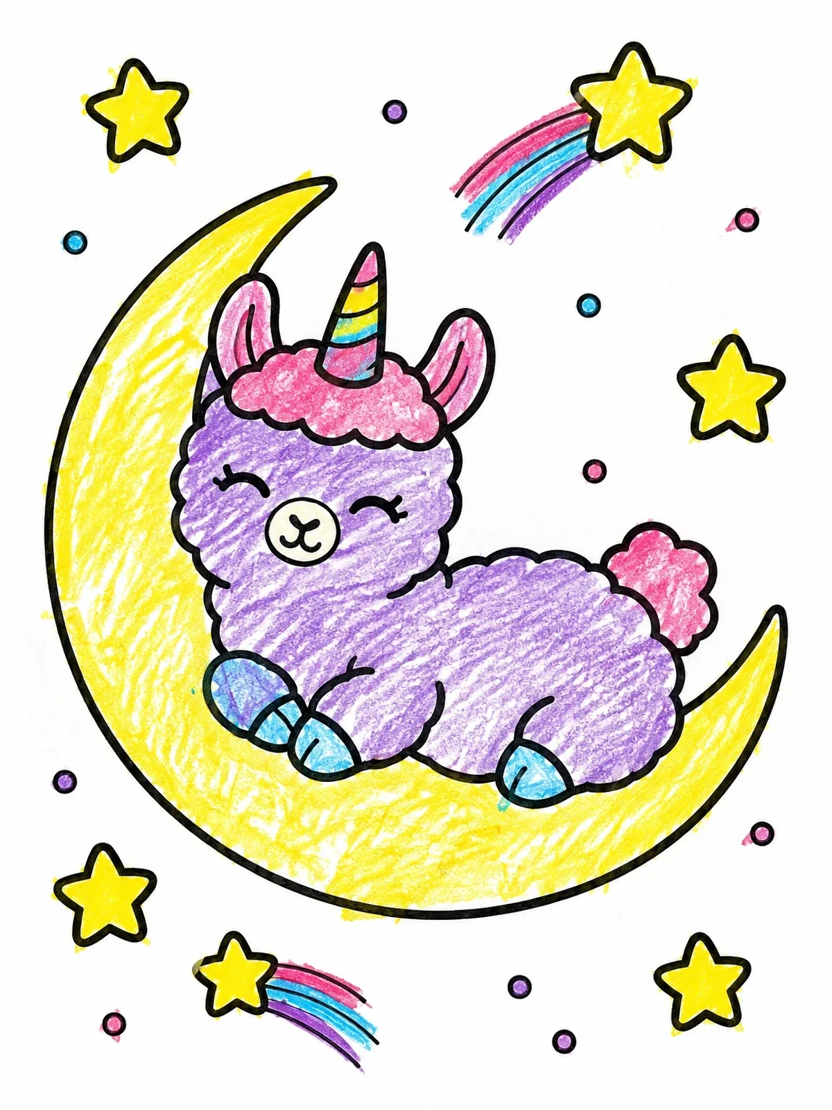 Colored example of the Cute Llamacorn On Crescent Moon coloring page