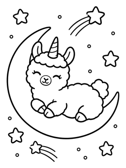 Free printable Cute Llamacorn On Crescent Moon coloring page