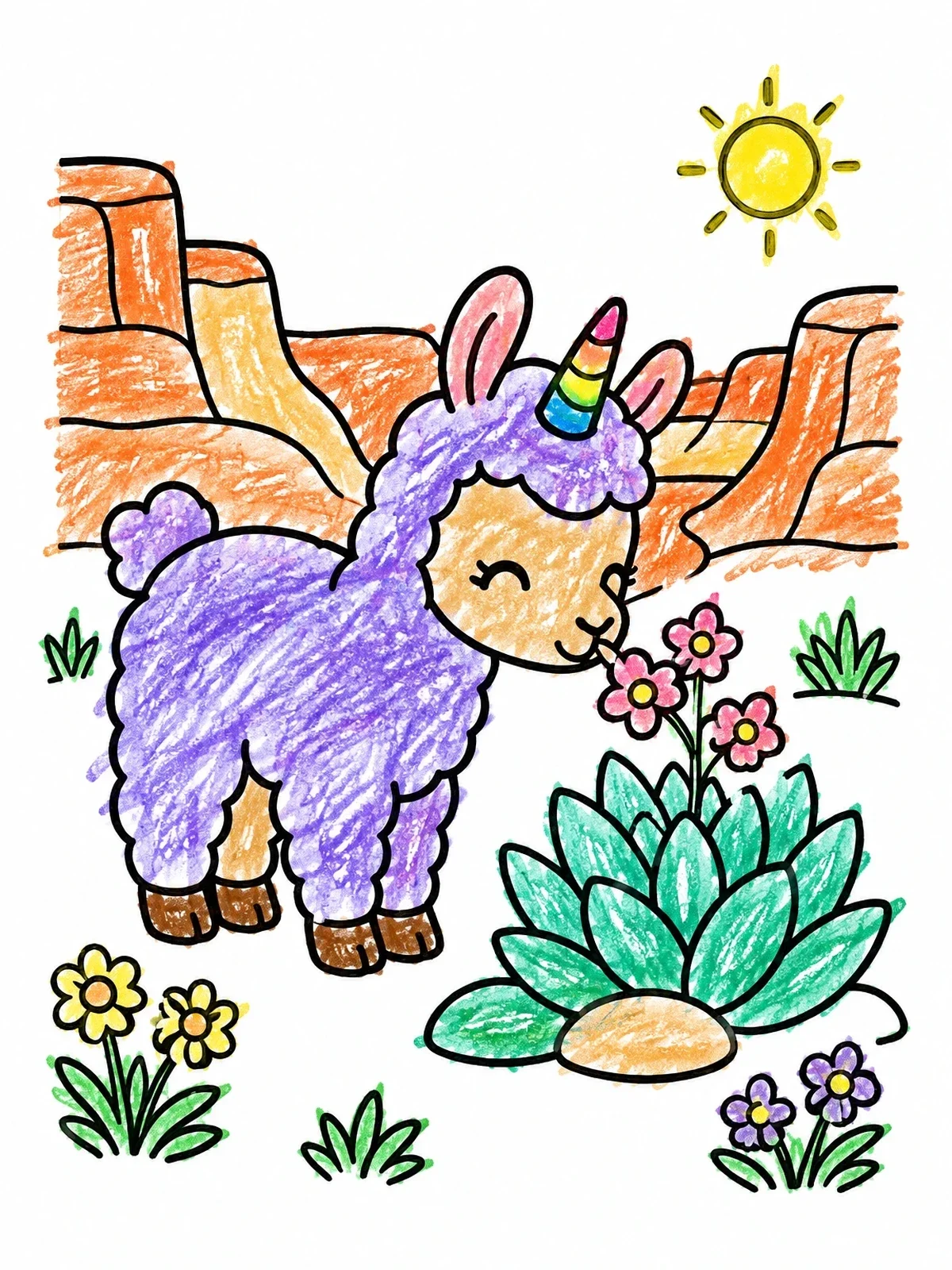 Colored example of the Cute Llamacorn Sniffing Desert Flowers coloring page