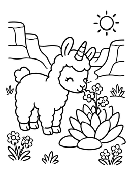 Free printable Cute Llamacorn Sniffing Desert Flowers coloring page
