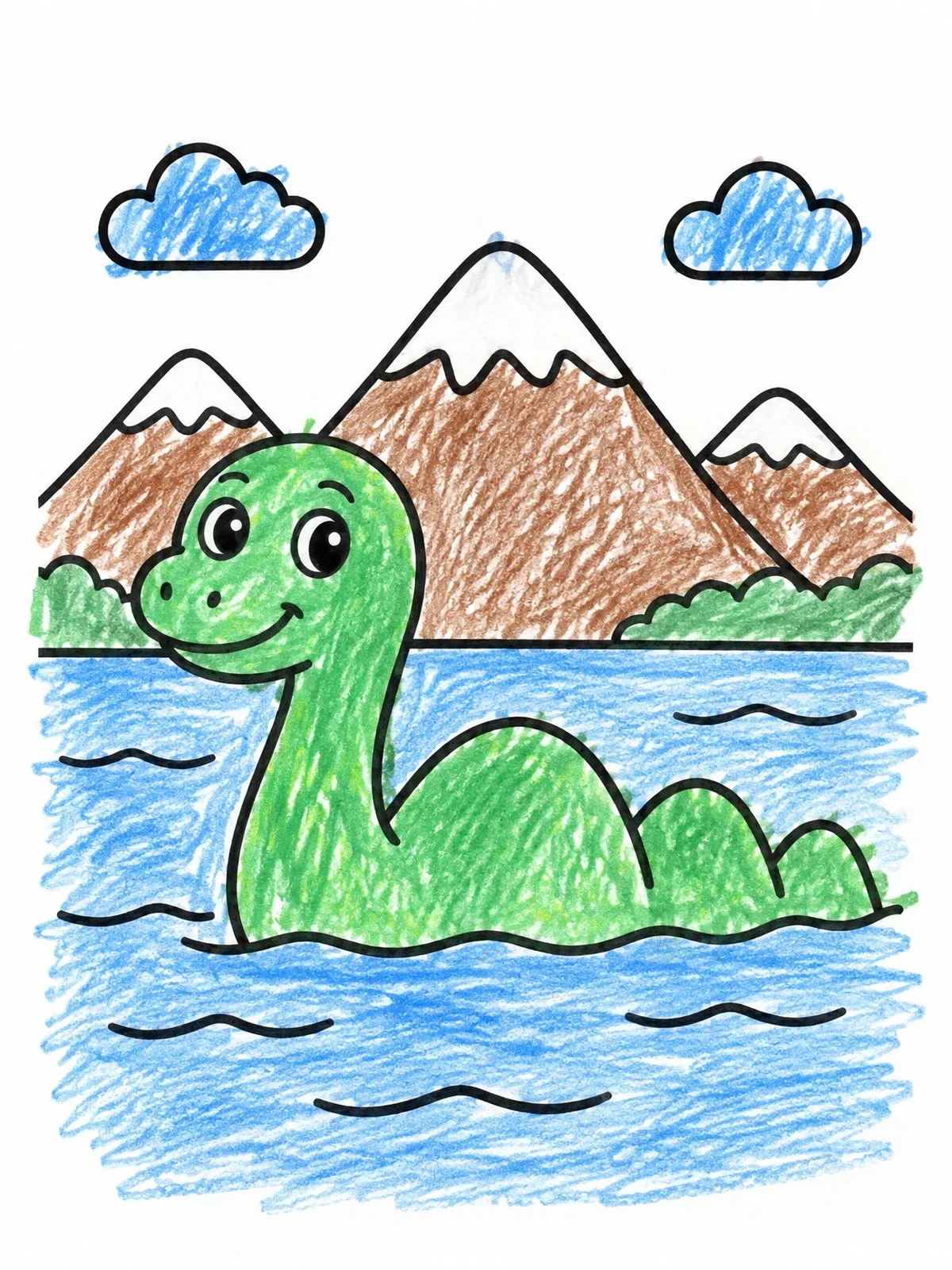 Colored example of the Cute Loch Ness Monster In Lake coloring page
