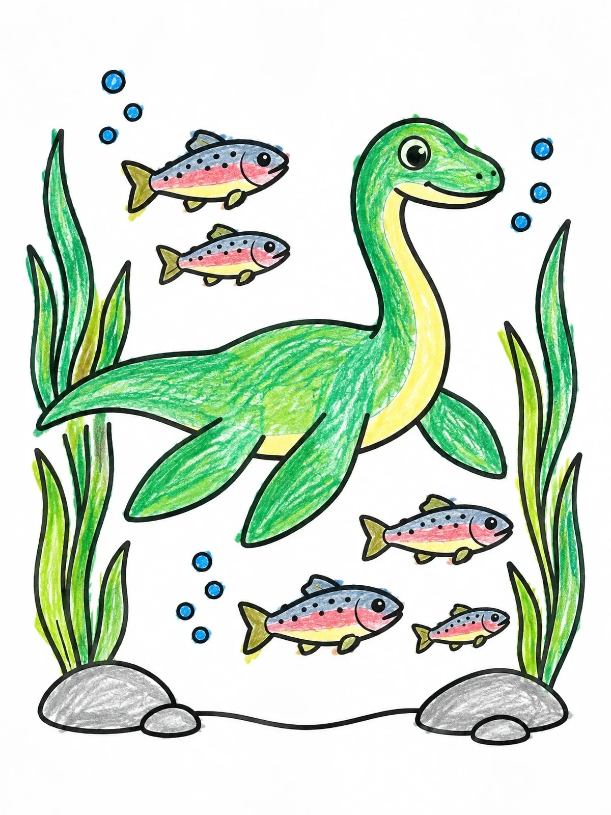 Colored example of the Cute Loch Ness Monster Underwater coloring page