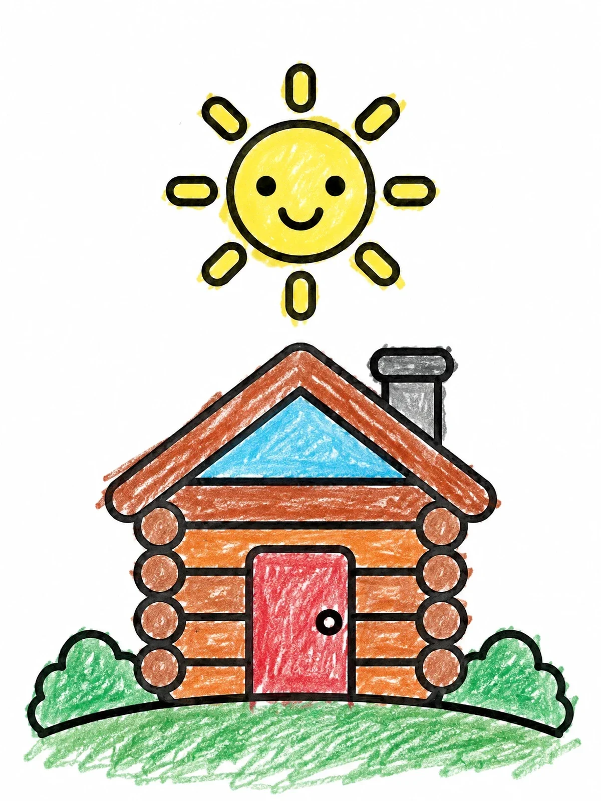Colored example of the Cute Log Cabin And Smiling Sun coloring page