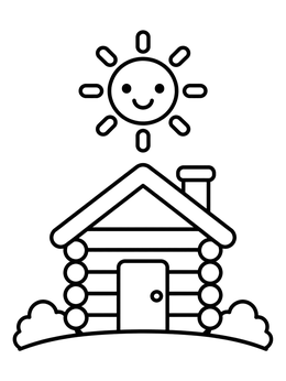 Free printable Cute Log Cabin And Smiling Sun coloring page