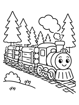 A friendly cartoon train coloring page carrying timber through a pine forest.
