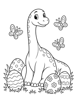 A friendly dinosaur easter coloring page with decorated eggs and fluttering butterflies.