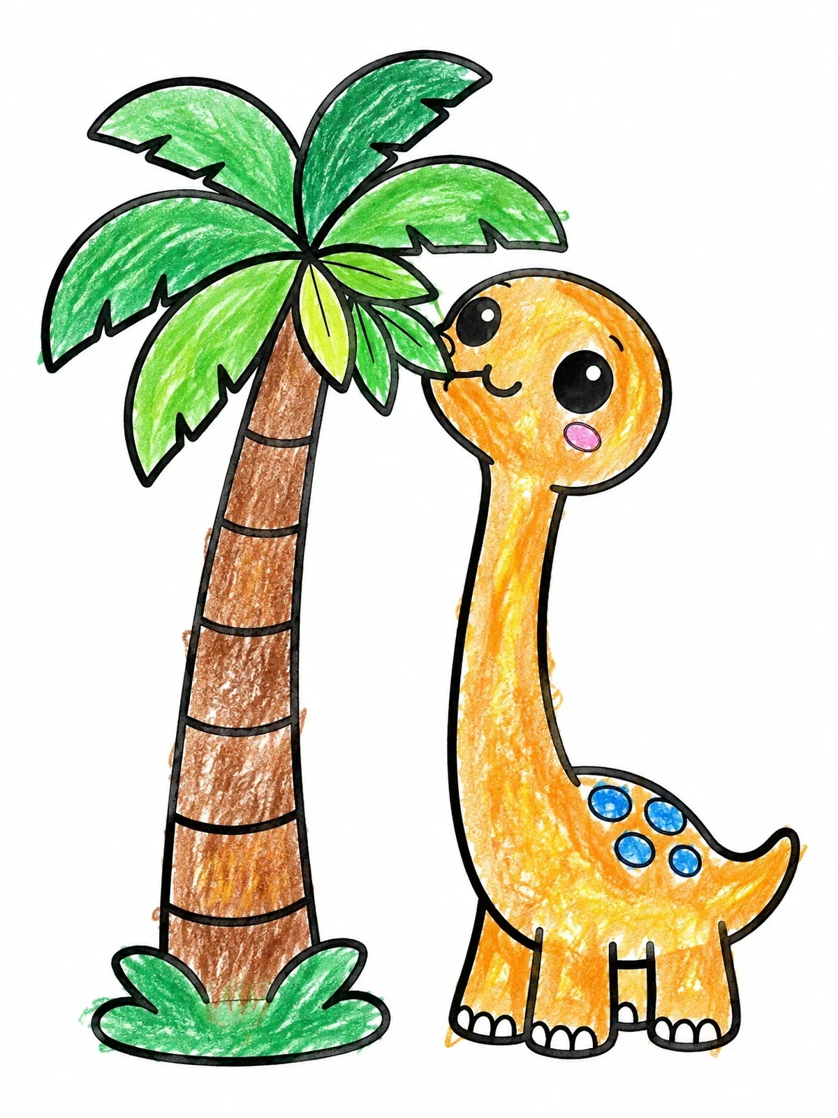Colored example of the Cute Long Neck Dinosaur Eating Palm Leaves coloring page