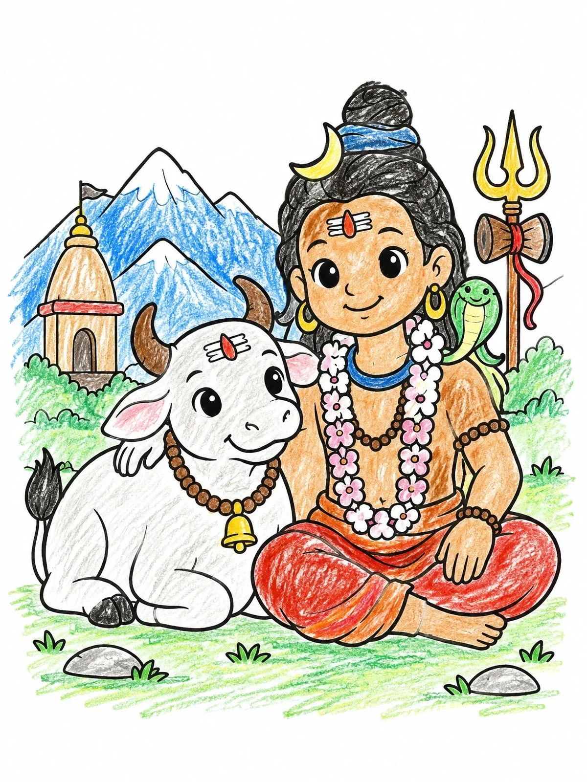 Colored example of the Little Lord Shiva With Cute Nandi coloring page