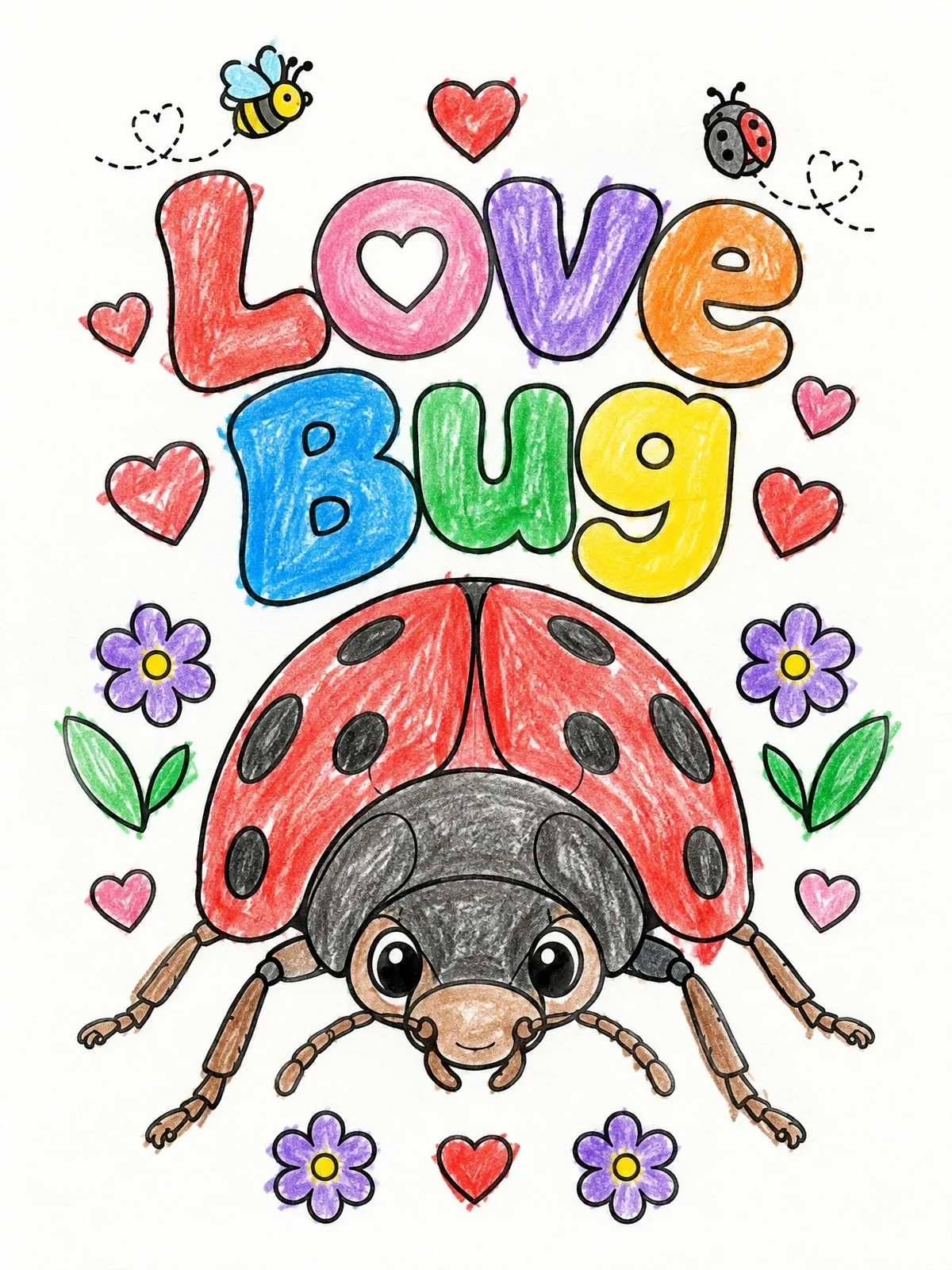 Colored example of the Cute Love Bug With Bubble Letters coloring page