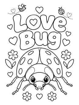 A cheerful ladybug under bold bubble text in this love bug coloring page.