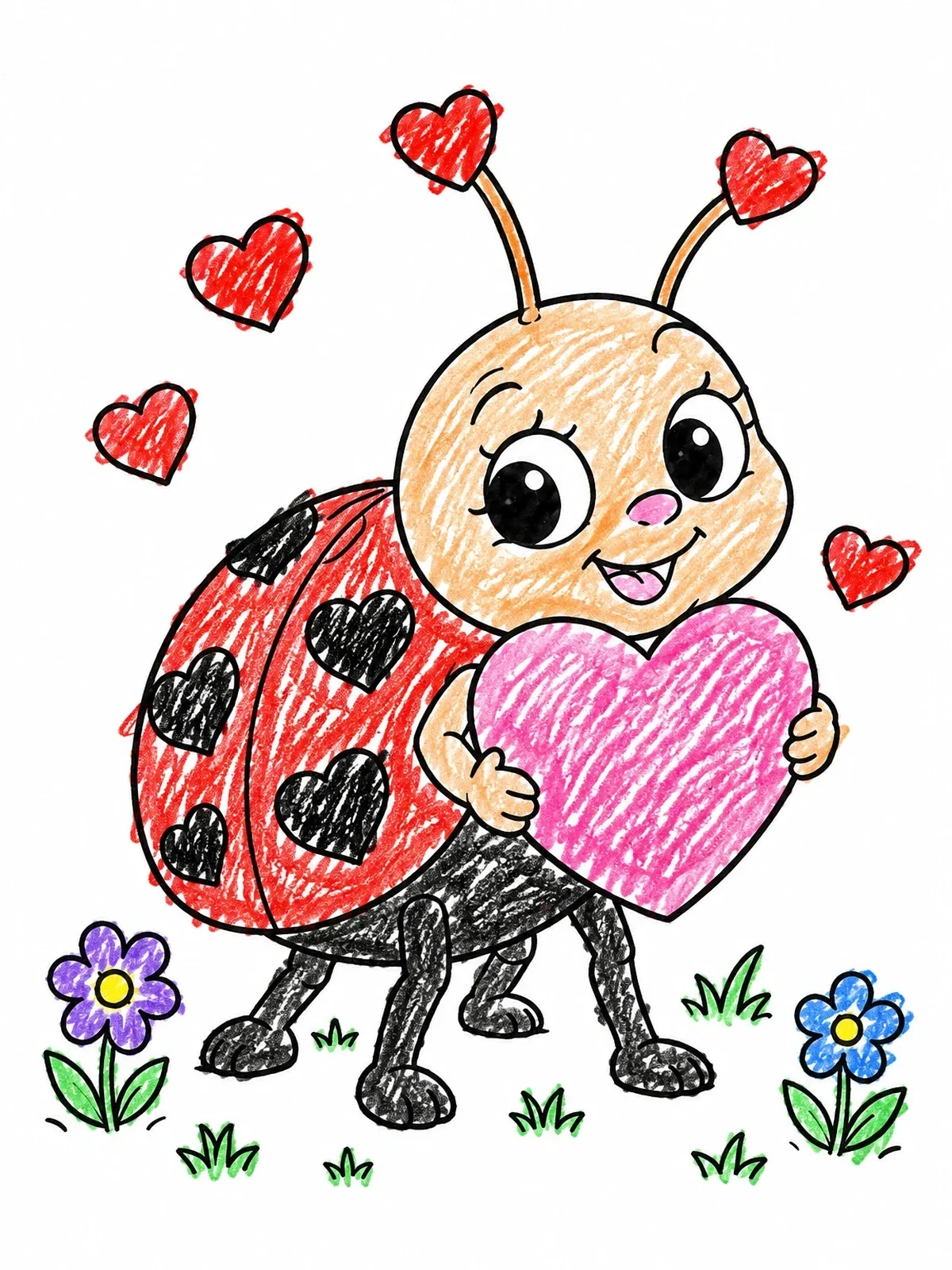 Colored example of the Cute Love Bug Holding Heart coloring page