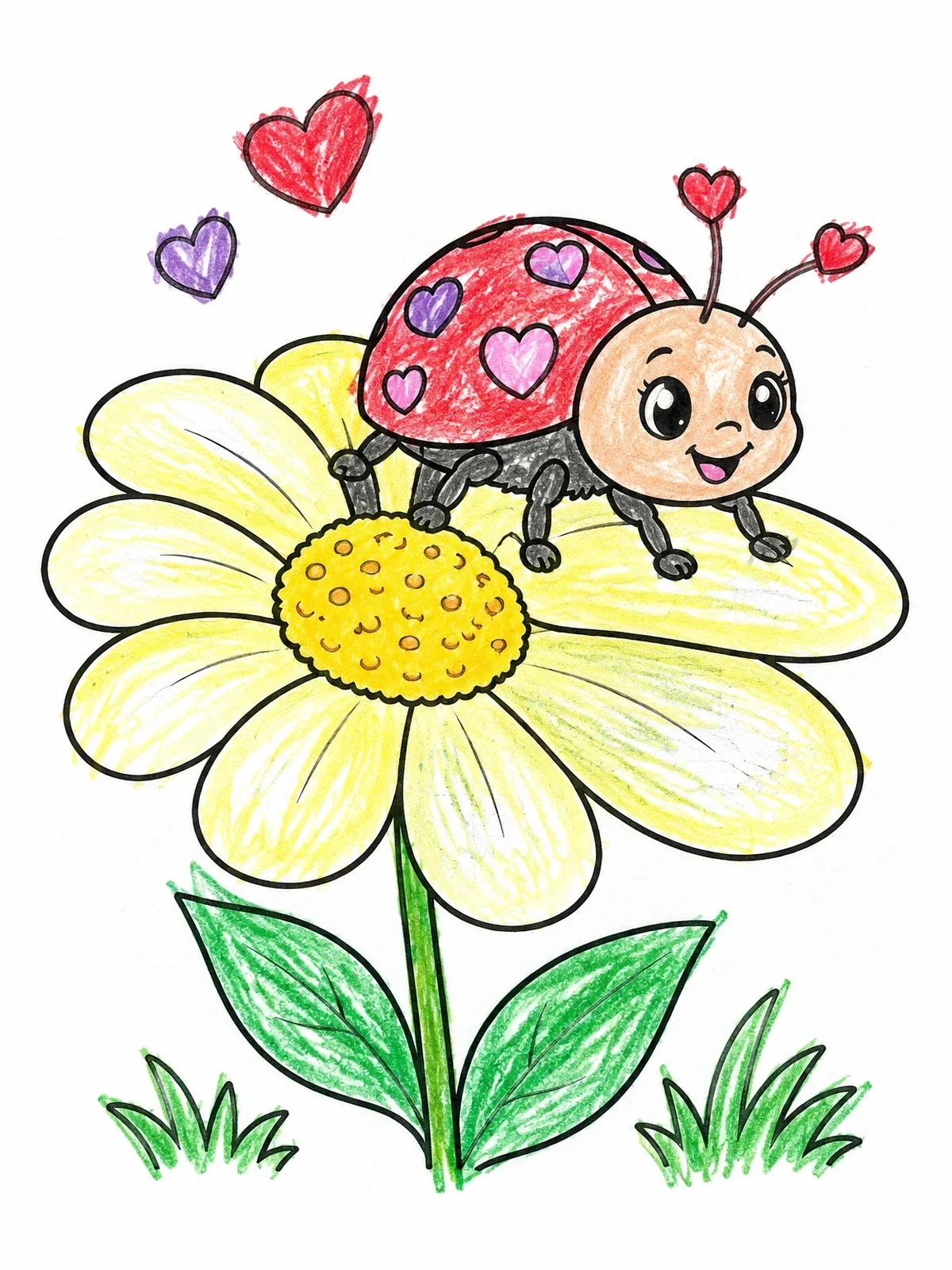 Colored example of the Cute Love Bug On Daisy coloring page