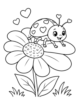 A sweet love bug coloring page featuring a ladybug resting on a big daisy flower.