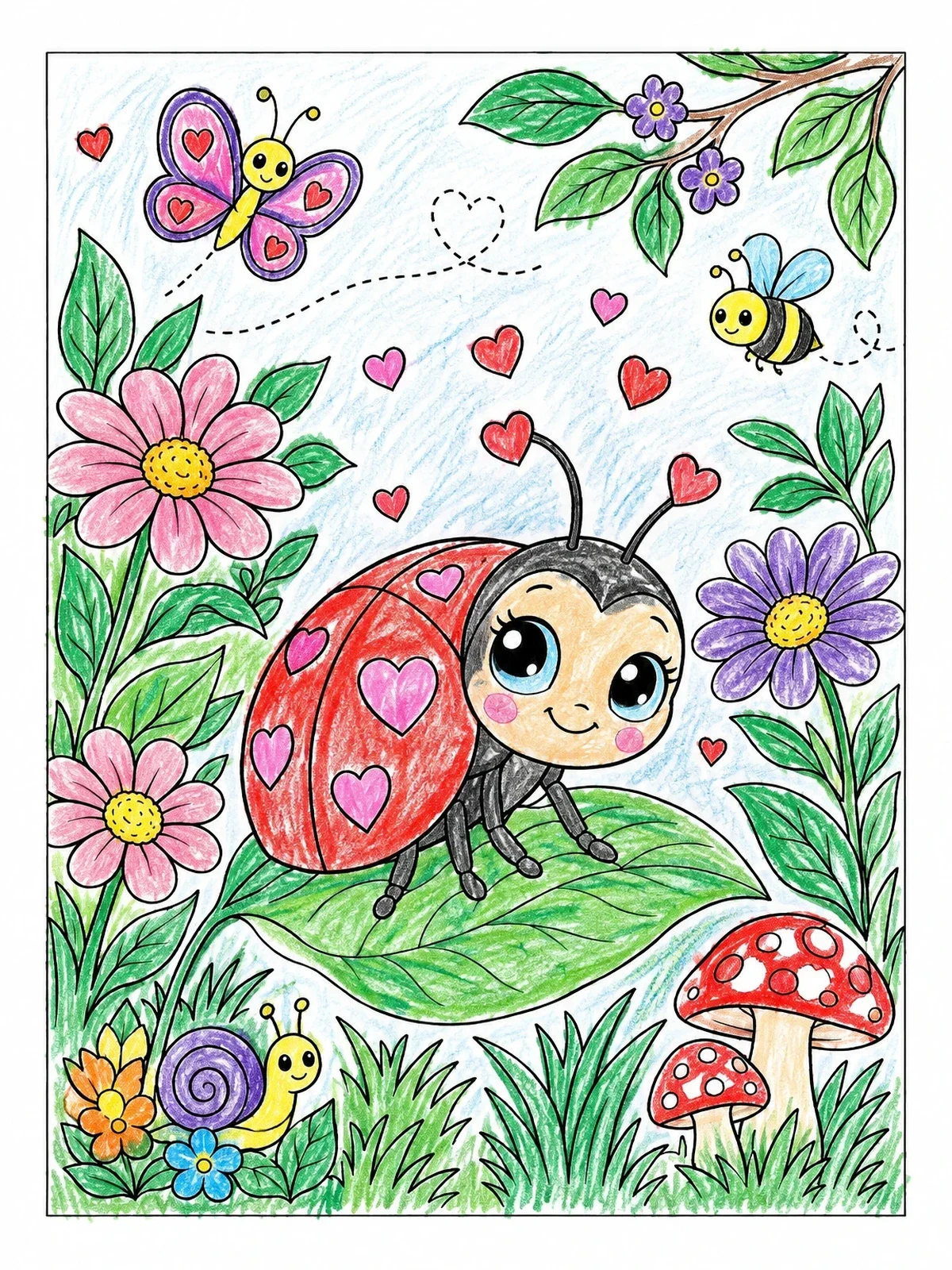 Colored example of the Cute Love Bug On A Leaf coloring page