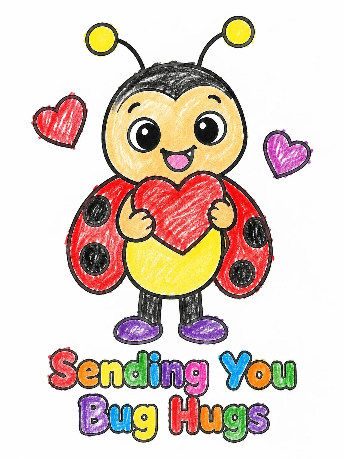 Colored example of the Cute Love Bug Sending Hugs coloring page