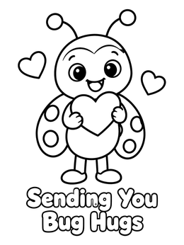 A cheerful cartoon love bug coloring page holding a heart with bug hugs text.