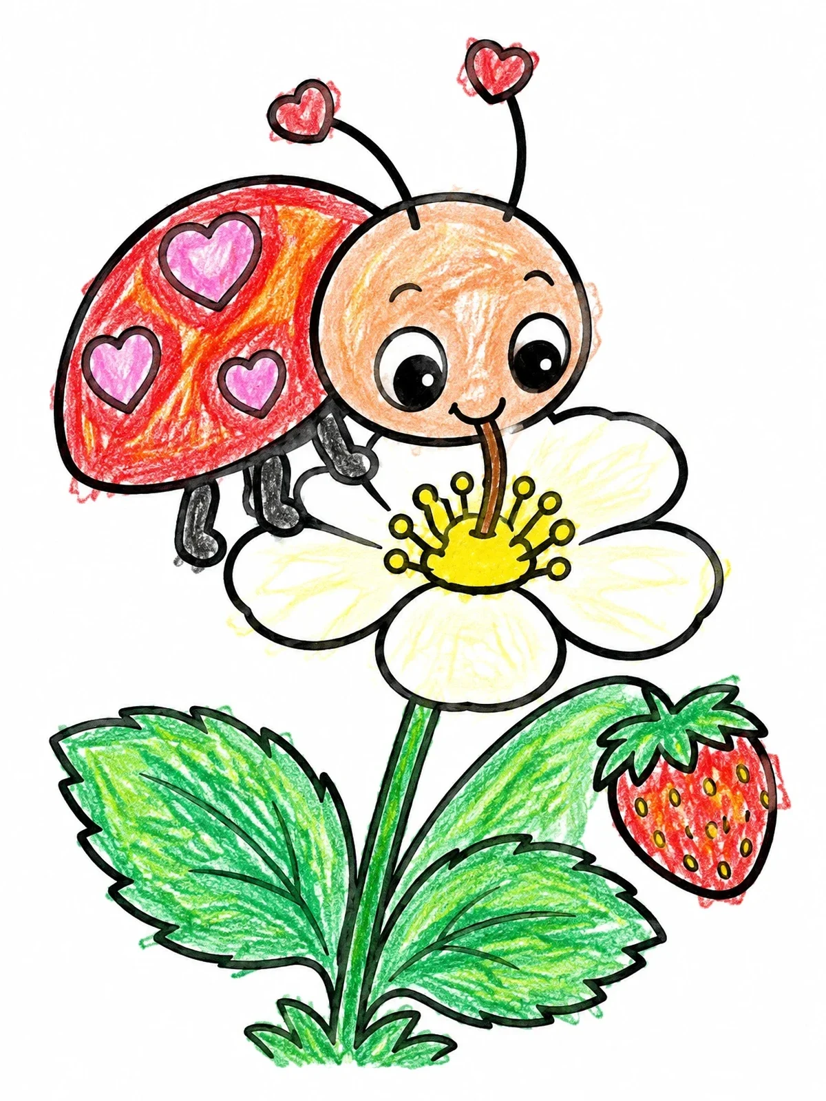 Colored example of the Cute Love Bug On Strawberry Flower coloring page