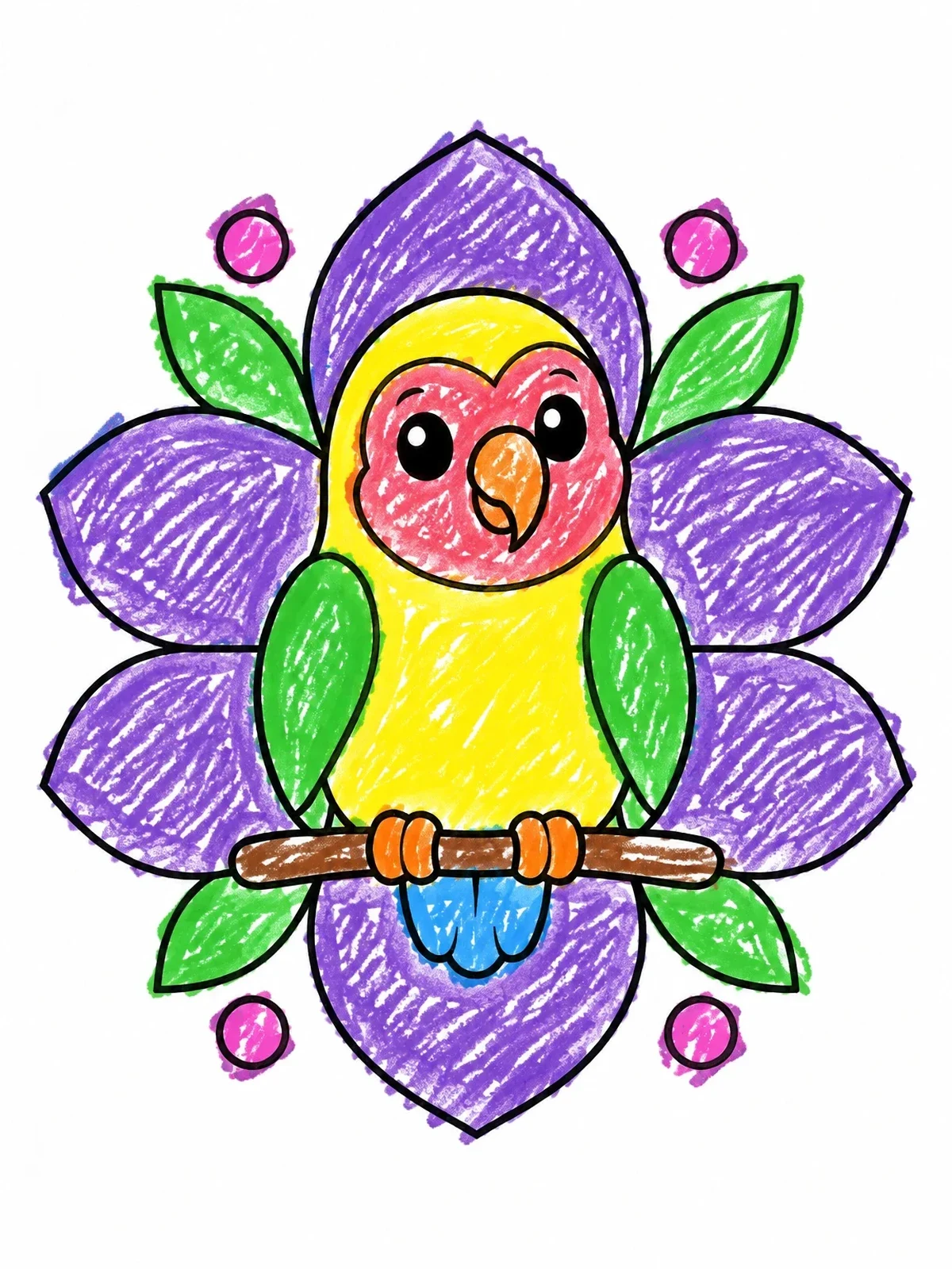 Colored example of the Cute Lovebird With Floral Mandala coloring page
