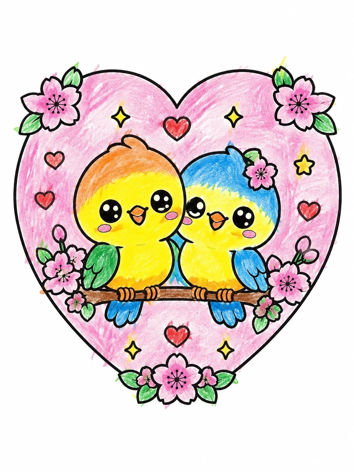 Colored example of the Cute Lovebird Pair In Floral Heart coloring page