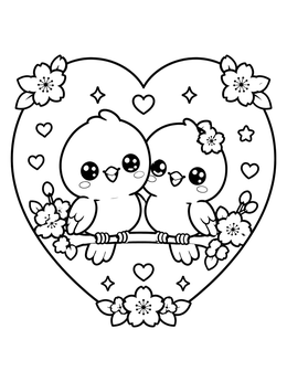Free printable Cute Lovebird Pair In Floral Heart coloring page