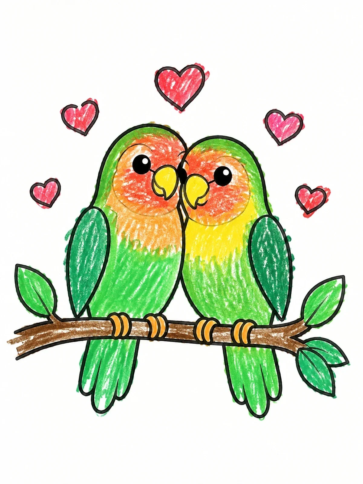 Colored example of the Cute Lovebirds On A Branch coloring page