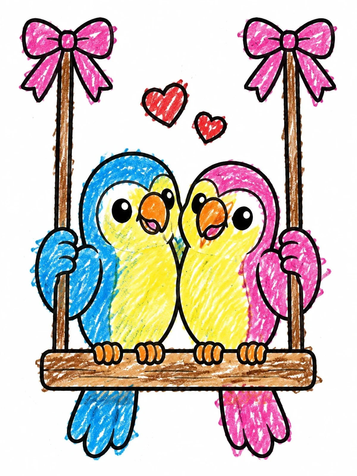 Colored example of the Cute Lovebirds On A Swing coloring page