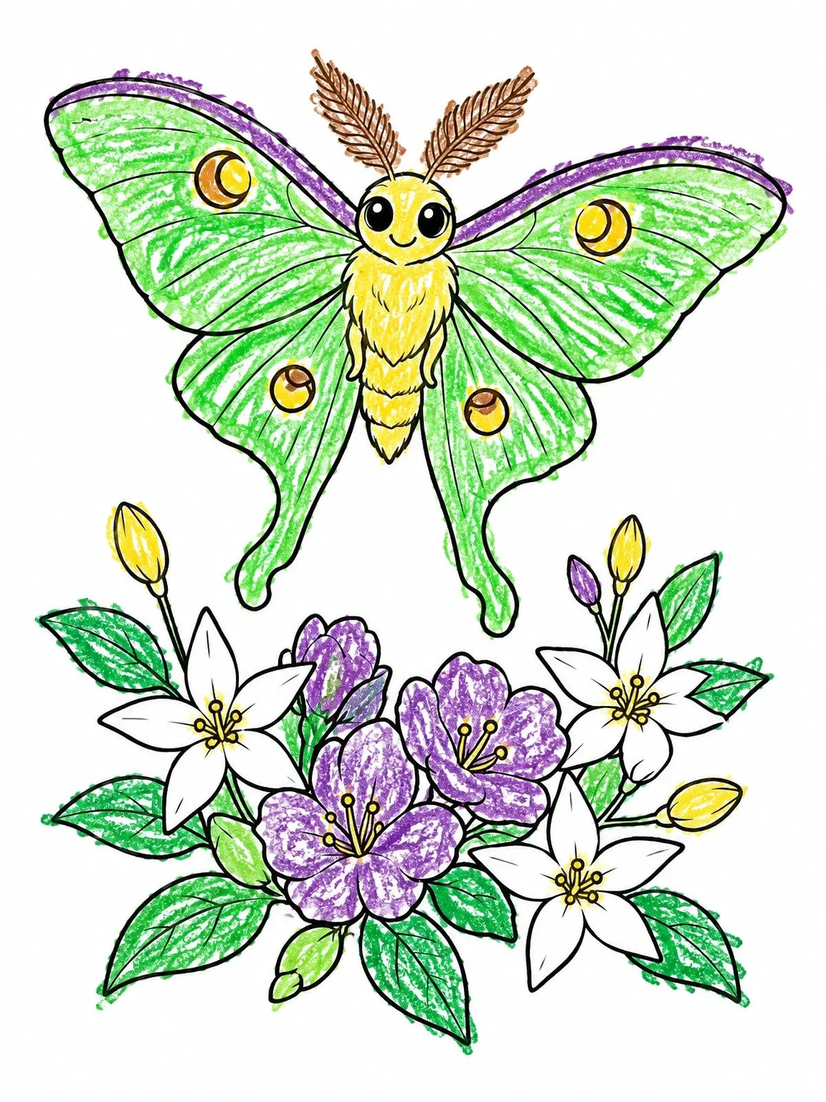 Colored example of the Cute Luna Moth And Flowers coloring page