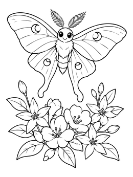 Free printable Cute Luna Moth And Flowers coloring page